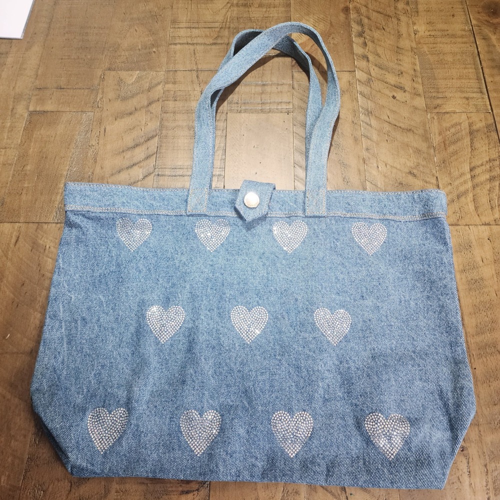 D2G Denim Tote Bag Rhinestone Heart Light Wash Blue Cotton Y2K Shoulder Bag